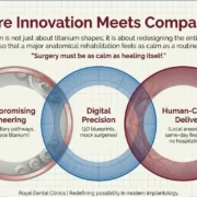 Venn diagram infographic titled "Where Innovation Meets Compassion" by Royal Dental Clinics, illustrating three overlapping pillars of modern implantology on a blueprint grid background with dental skull sketches. The pillars include: "Uncompromising Engineering" featuring extra-maxillary pathways and single-piece titanium; "Digital Precision" featuring 3D blueprints and mock surgeries; and "Human-Centric Delivery" featuring local anaesthesia, same-day fixed teeth, and no hospitalisation.
