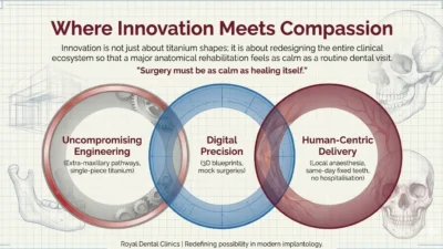 Venn diagram infographic titled "Where Innovation Meets Compassion" by Royal Dental Clinics, illustrating three overlapping pillars of modern implantology on a blueprint grid background with dental skull sketches. The pillars include: "Uncompromising Engineering" featuring extra-maxillary pathways and single-piece titanium; "Digital Precision" featuring 3D blueprints and mock surgeries; and "Human-Centric Delivery" featuring local anaesthesia, same-day fixed teeth, and no hospitalisation.