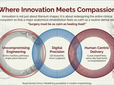 Zygomatic Implants After Radiation: A Patient's Guide Royal Dental Clinics Zygomatic Implant Venn diagram infographic titled "Where Innovation Meets Compassion" by Royal Dental Clinics, illustrating three overlapping pillars of modern implantology on a blueprint grid background with dental skull sketches. The pillars include: "Uncompromising Engineering" featuring extra-maxillary pathways and single-piece titanium; "Digital Precision" featuring 3D blueprints and mock surgeries; and "Human-Centric Delivery" featuring local anaesthesia, same-day fixed teeth, and no hospitalisation.