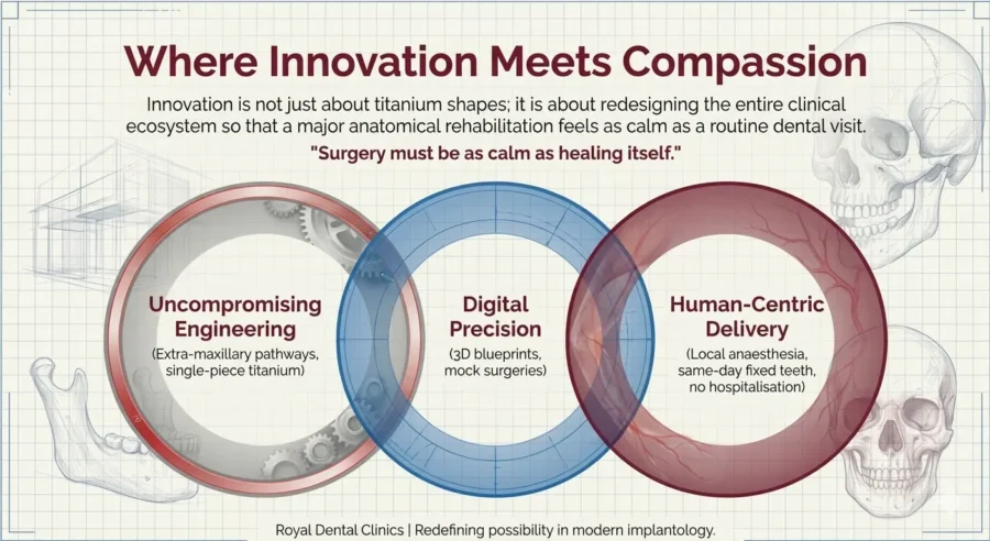 Importance of Early Detection in Dental Care: Protect Your Smile 4 Venn diagram infographic titled "Where Innovation Meets Compassion" by Royal Dental Clinics, illustrating three overlapping pillars of modern implantology on a blueprint grid background with dental skull sketches. The pillars include: "Uncompromising Engineering" featuring extra-maxillary pathways and single-piece titanium; "Digital Precision" featuring 3D blueprints and mock surgeries; and "Human-Centric Delivery" featuring local anaesthesia, same-day fixed teeth, and no hospitalisation.